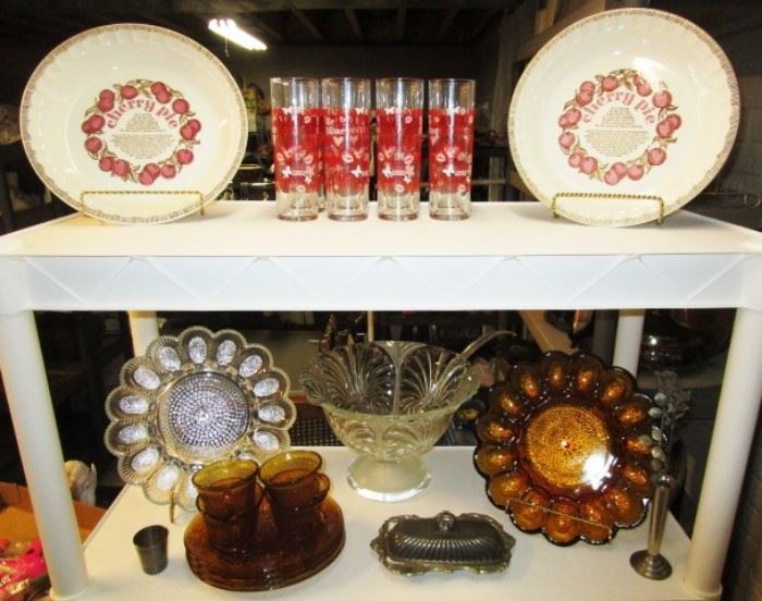 Vintage kitchen glassware, deviled egg plates, punch bowl, collectible cherry pie plates, vintage glasses, etc.