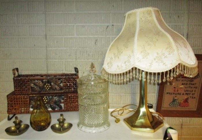 Stackable glass dishes, lamp, brass candlesticks, etc.