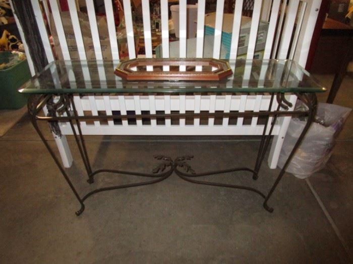 Glass top sofa table, also matching coffee table, back of white child's crib/toddler bed
