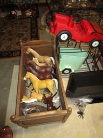Vintage plastic horses, horse trailer, car