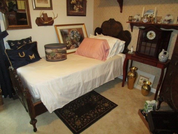 Twin bed, pictures, mirrors, U of M pillow, tables, cups & saucers, decor