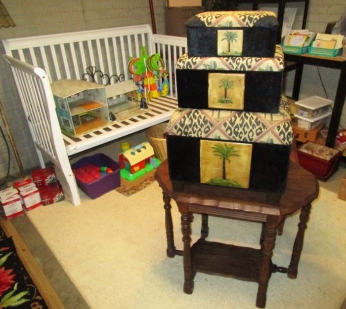 A second crib/toddler bed, vintage table, stacking boxes, a nice selection of craft & sewing supplies, beading supplies, fabric, etc.