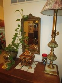 Antique mirror, lamps, plants & planters, marbles, decorative ceramic box