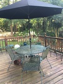 Outdoor verdigris Table with 4 Chairs and a large Umbrella with stand