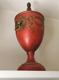 Pair of painted metal French Urns with decorative lion handles