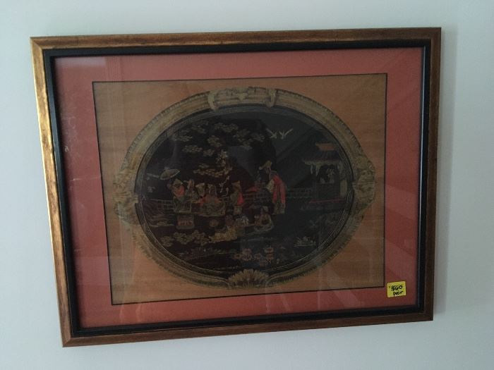 Pair of framed Asian embroidery pieces