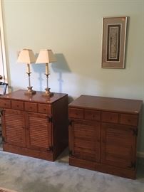 Pair of similar Ethan Allen Bar Cabinets, an elegant pair of brass & glass Lamps and a framed piece of Chinese Embroidery.
