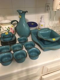 Set of turquoise China includes Vase, Serving Pieces and tasting Bowls with Saucers 