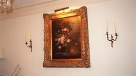 Enormous Oil Painting in fabulous Frame flanked by pair of candelabras