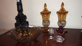 Pr. Cut to clear Lidded Glass Vases, Baccarat Duck and more