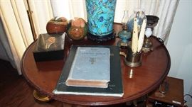 miniature oil lamps, pr. bone carved fishing hooks and rare books on southern history