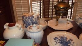Blue and White, old pottery, brass tea kettle on stand