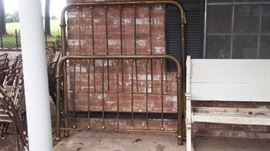 Vintage Brass Bed and church pew