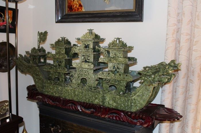 Jade reminiscent stone carved dragon ship