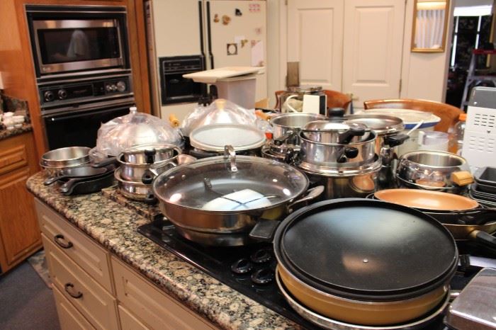 Multiple pots and pans, cusineart, gotham steel, rival, revere