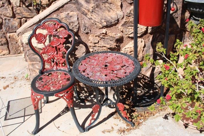 Wrought Iron outdoor set - has 2 chairs total, one of the chairs is not pictured