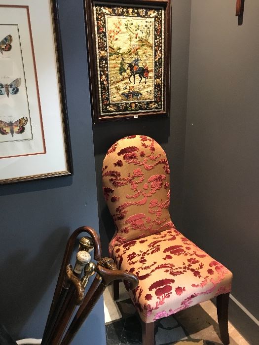 A small side chair covered in Brunswick velvet, above is a contemporary needle work showing an Asian theme.