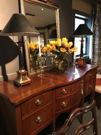 Drexel buffet with a pair of antique tole lamps