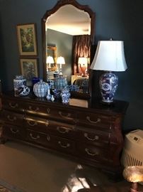 A Century dresser covered with newer blue and white Imari, most of the Imari is from Nell Hills including the lamp