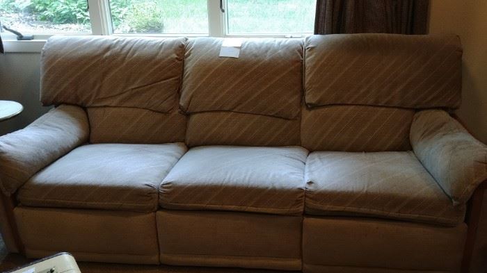Upholstered sofa, neutral color--both ends recline