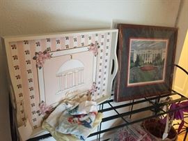 Large Assortment of Artwork, tray, metal shelf