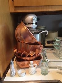 Copper Pieces and KitchenAid Mixer, blender, glass bakeware