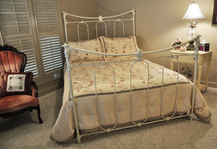 Perfect white iron queen bed with beautiful bed dressings in the the 2nd floor "Rose Bedroom".