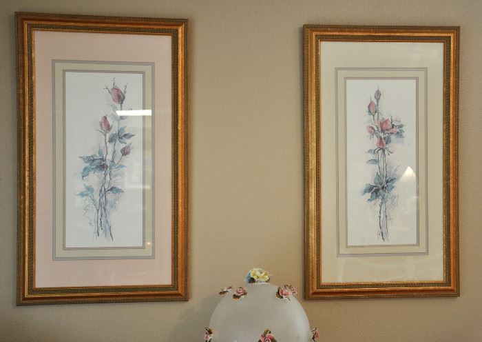 Pair of artist signed rose prints