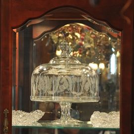 A fantastic very large etched covered cake stand with 2 fine brilliant cut glass pieces