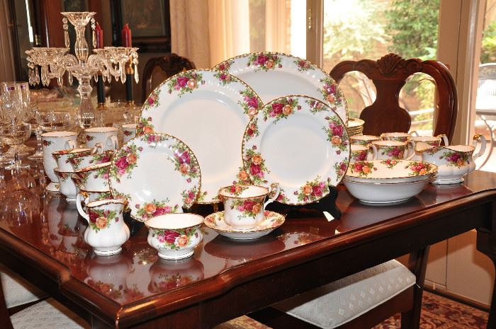 A large service for 12 plus extra dinner plates of Royal Albert Old Country Roses - these pieces where produced in England.  All is in very fine condition with serving pieces.