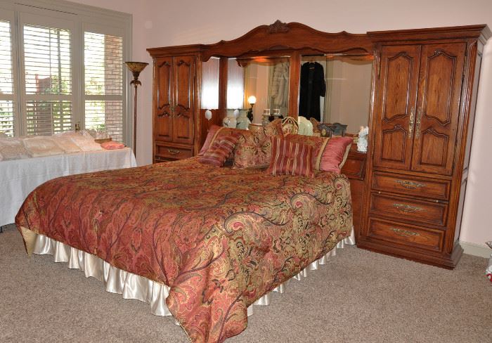 Thomasville country French California king bed with side armoires and beautiful lighted bridge - each side has a tray that pulls out and additional storage behind the headboard 