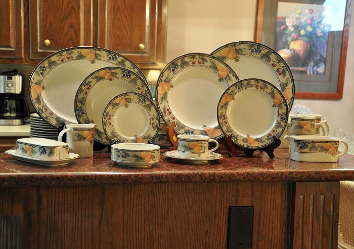 A large set of Mikasa Intanglio Garden Harvest dinnerware with many serving pieces