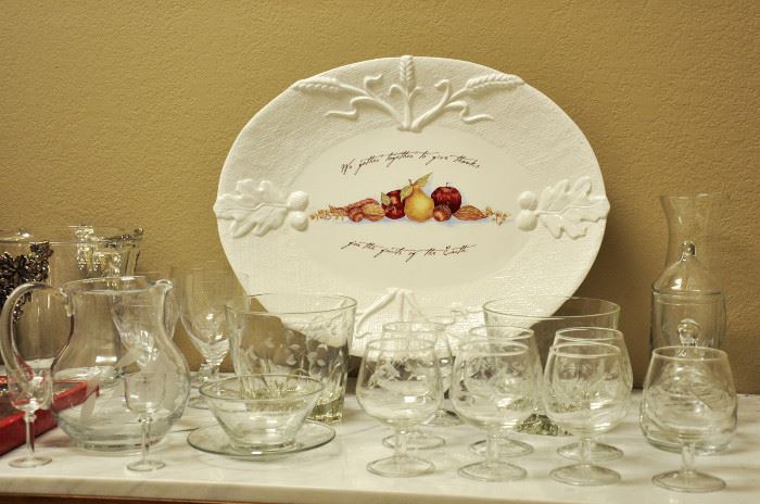 A charming platter to use for Thanksgiving with a grouping of matching etched glass pieces 