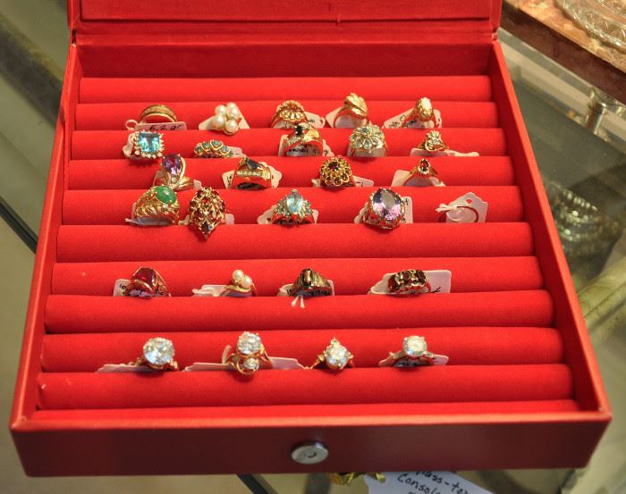 Top 4 rows are 14k gold and different gem rings, 4 10K gold rings and 4 CZ stone rings mounted in 14K gold