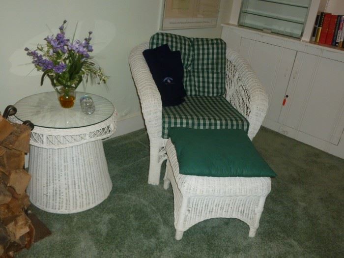 Quality Wicker chair, ottoman & table