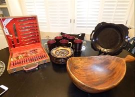 Bronze flatware from Thailand,  Gorgeous wooden bowl with handle from Haiti handmade by David Auld.