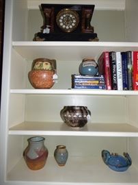Antique Sessions mantle clock, Roseville "Dahlrose" vase (as is), Navajo pottery vase by J Davis, other hand-thrown vases, crab