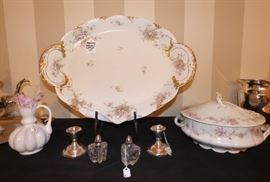 Fenton Pink Crest Melon Ewer, Theodore Haviland Limoges platter, sterling weighted candlesticks, etc