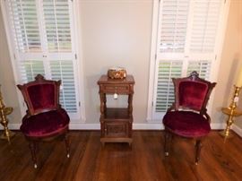 Victorian side chairs, French commode table