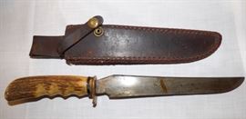 Antique Hunting Knife with stag handle & leather sheath 