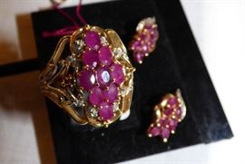 14k Ruby & diamond ring with matching earrings