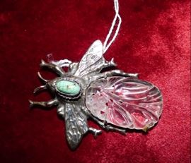 UNIQUE Vintage Walter Landl of New York sterling silver & carved glass brooch with turquoise stone