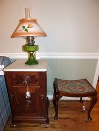 Victorian marble top,  stand, Queen Anne stool, Green glass Aladdin electrified oil lamp with hand painted glass shade 