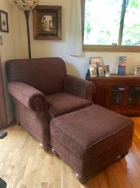 Maroon Overstuffed Chair and Ottoman with Wooden Feet