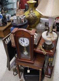 Misc clocks, lamps, tables, salt & pepper shakers and....