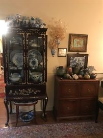 pearl inlaid cabinet, blue & white Chinese porcelains,   collection of Jan Carter of Gore Springs MS raku pottery, Stromberg Carlson record player/radio