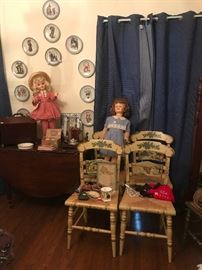 antique dolls, set of Hitchcock chairs