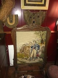 beautiful antique needlepoint fire screen, vintage leather Indian top
