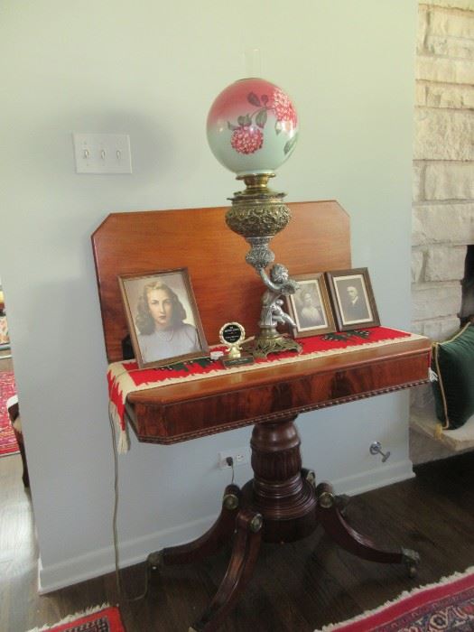 Oil lamp, Antique card table (photos not included in sale)