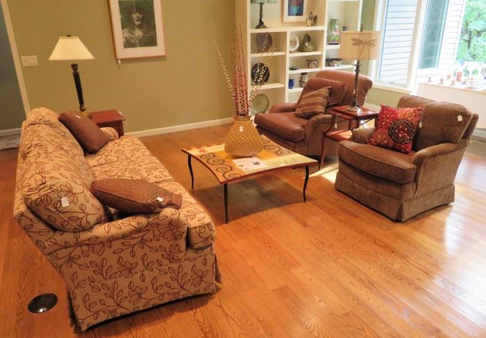 Clayton Marcus couch and chairs. Custom designed decorator coffee table by Bella Bella Arts by Lara Moore.